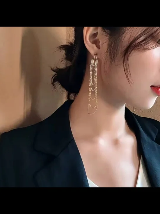 Gold Multi-Chain Crystal Drop Earrings - Picture 2 of 2